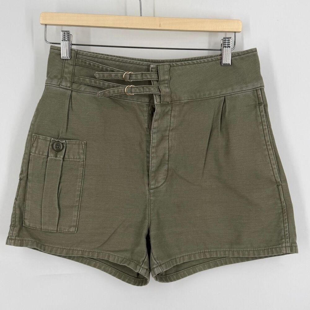 Frame Denim Military Green High Waisted Buckle Cotton Utility Shorts Size 27